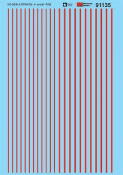 MICROSCALE 91135. pin Striping Red Striping - 4" and 6" inch Widths (formerly 87-214-5).  HO scale
