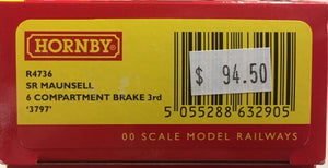 Hornby: new R4736, SR MAUNSELL 6 COMPARTMENT BRAKE 3RD CLASS COACH '3797' NEW MODEL. DISCOUNT PRICE. **