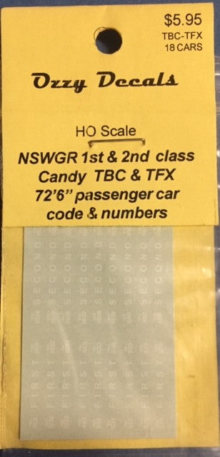 OZZY CANDY PASS, CAR DECAL : TBC 1st class code & No's with 9 FIRST & TFX 2nd class code & No's with 9 SECOND passenger cars CANDY WHITE HO