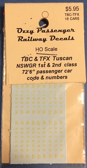OZZY PASS, CAR DECAL : TUSCAN IND-RED CARS TBC 1st class code & No's with 9 FIRST, TFX 2nd class code & No's with 9 SECOND passenger cars yellow HO