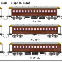 FO 008 AUSTRAINS NEO : End Platform Car Set 61 Pack of 8 cars DIR Low Elliptical Roof - Indian Red