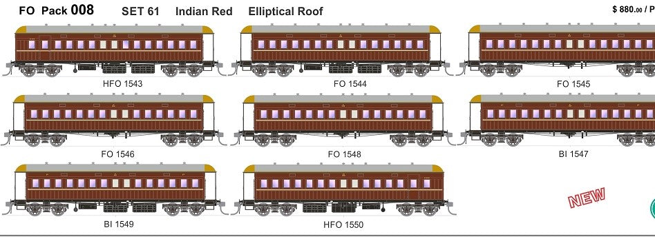 FO 008 AUSTRAINS NEO : End Platform Car Set 61 Pack of 8 cars DIR Low Elliptical Roof - Indian Red