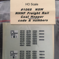 NHHF Ozzy Decals: #1068 NSWR NHHF Freight Rail Coal Hopper CODES & NUMBER
