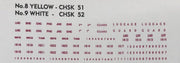 PASSENGER CAR DECAL CHSK 52W in white (CANDY): Ass, codes & car No's of LHG, SHG, CHG, PHG, JHG, GHG, TAM, MCE, MFE, LHO, LHY,  with "GUARD" 'LUGGAGE'. Ozzy Decals