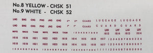 PASSENGER CAR DECAL CHSK 52W in white (CANDY): Ass, codes & car No's of LHG, SHG, CHG, PHG, JHG, GHG, TAM, MCE, MFE, LHO, LHY,  with "GUARD" 'LUGGAGE'. Ozzy Decals