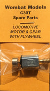 MOTOR C30T: 15.3mm x 12mm x 10mm flat side shaft 1mm dia x 5mm DOUBLE SHAFT 12 VOLT MOTOR WITH GEAR & FLYWHEEL. Parts: Wombat models