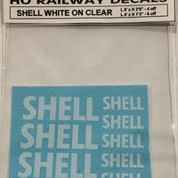244 SOAK DECAL 'NEW' SHELL Name white on clear in 2 sizes L 8" x H 2'6"- 4 off & L 4" x H 1"3"- 6 off HO