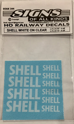 244 SOAK DECAL 'NEW' SHELL Name white on clear in 2 sizes L 8