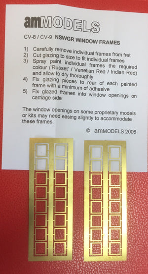AM Models : CV09 brass etched NSWGR 28” Passenger Car Window Frames for First Class Cars ete.