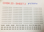 PASSENGER CAR DECAL CHSK 23Y  Assorted codes & car number in Yellow CTN, GT, BI, NAM, CR, BS,  MFE, LHO, EHO, MCE, YHO, NP, ACS, TAM, MHO, MHD, FG, CPH, ACX, FO, LAN,  BR, FR, FS, BS, FO, BI, and set of numbers and the word GUARD THREE TIMES, Ozzy Decals