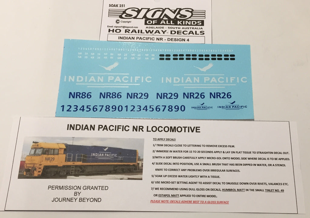 SOAK 251 DECAL 'NEW' INDIAN PACIFIC NR Class locomotive Sheet Design No4. HO
