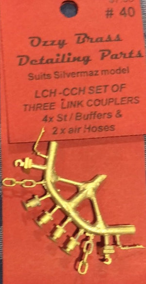 Buffer #40 -with draw hook, Three link Couplers, Air Hoses, & Parts for Coal Hoppers LCH - CCH . #40 Ozzy Brass