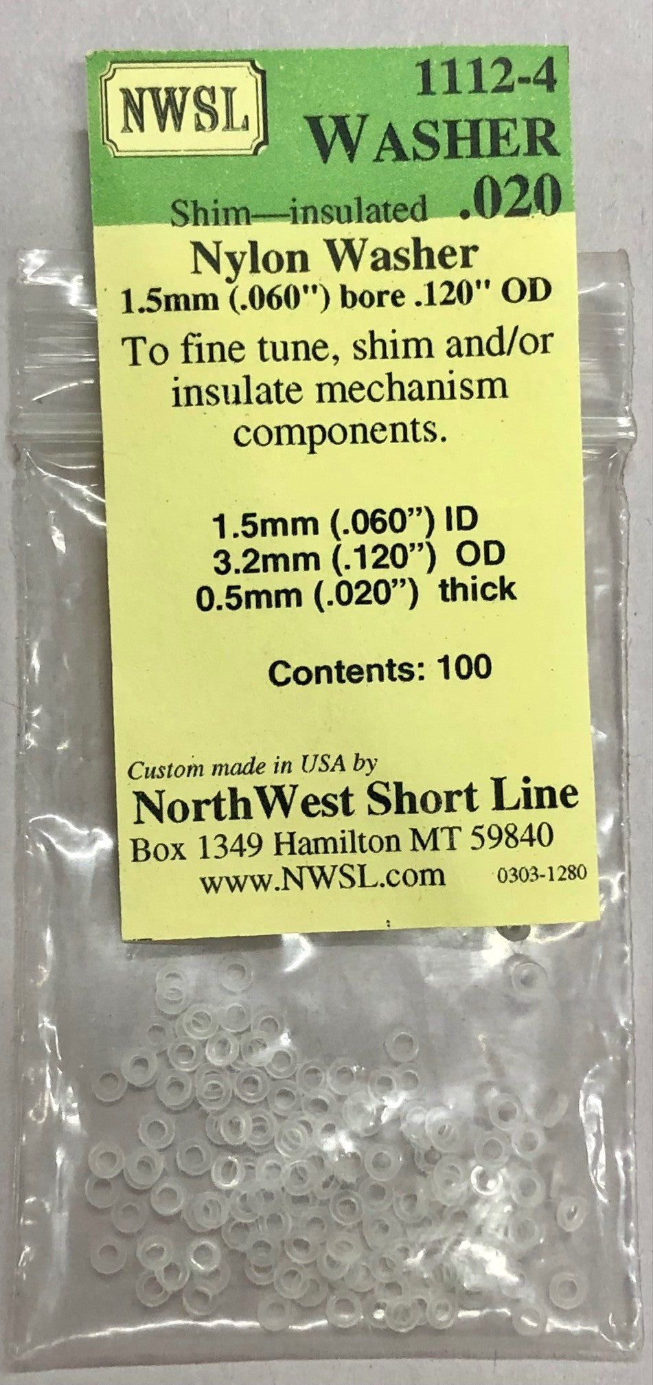 1112-4 NWSL Nylon Washer 1.5mm (.060) bore .120" OD  HO  #1112-4 *