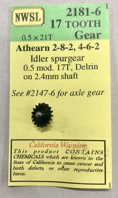 2181-6 NWSL 17 TOOTH GEAR 0.5 X 21T Athearn 2-8-2, 4-6-2 idler spurgear 0.5mod, 17t. delrin on 2.4 mm shaft.  HO  #2181-6  *