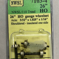 7103-4 NWSL ( "NOT" Nickel Plated brass) 26" HO gauge wheelset, axle 3/32" x 1.025" x 1/16"insulated one side. (4) #7103-4  *