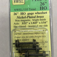7103-4 NWSL (Nickel Plated brass) 26" HO gauge wheelset, axle 3/32" x 1.025" x 1/16"insulated one side. (4) #7103-4  *